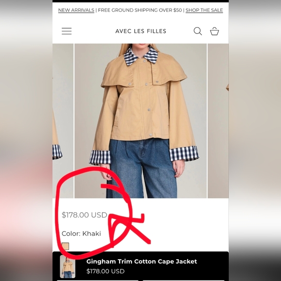 🤎🔹️Avec Les Filles🔹️ Khaki Gingham Trim Cotton Cape Jacket - Picture 2 of 5